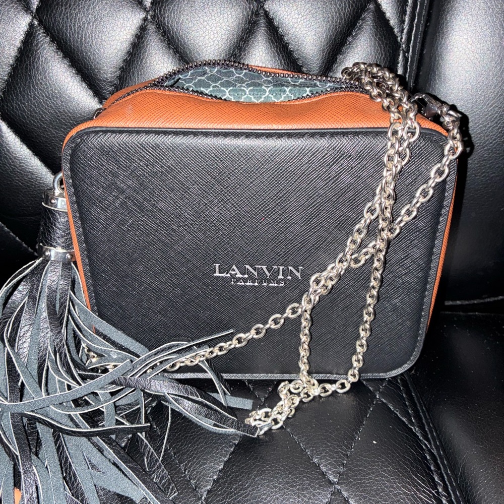 Lanvin Black and Brown Leather Crossbody with Fringe and Silver Chain